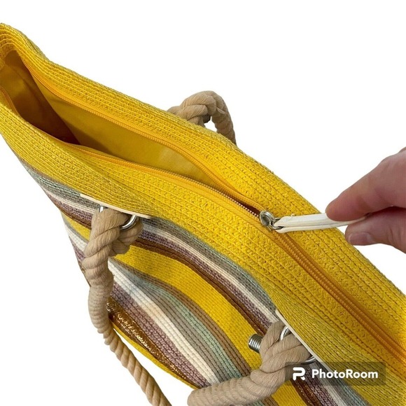 Paper Straw Tote Bag Yellow Multi Striped Zip Closure Medium Rope Handle… - Picture 3 of 9
